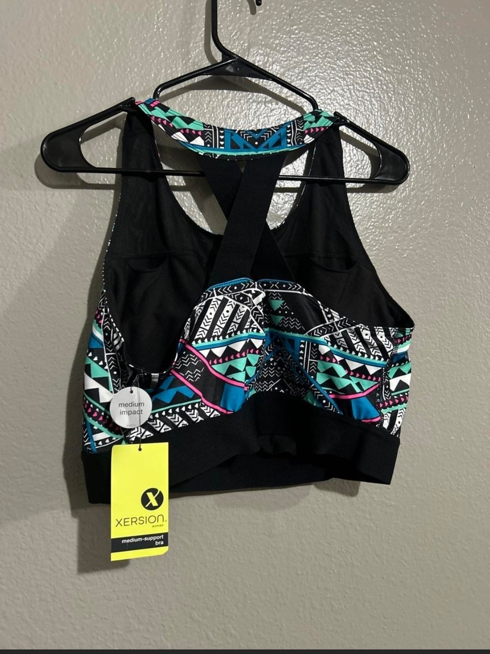 Xersion Black with Teal, Pink & White Patterned Sport Bra